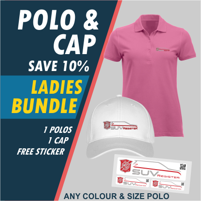 Buy one ladies poloshirt and 1 cap receive free sticker pack and save 10% off the normal price